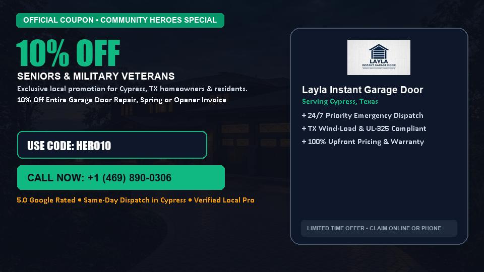 Layla Instant Garage Door 10% OFF Seniors & Military Veterans in Cypress, TX